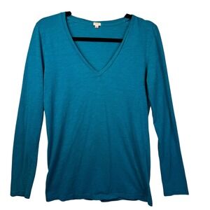 J Crew‎ T-Shirt Top Women's Size L Teal Long Sleeve V Neck Cotton Lightweight